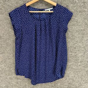 Sweet Rain Blouse Women L Large Blue Geometric Short Sleeve Hook & Eye Casual